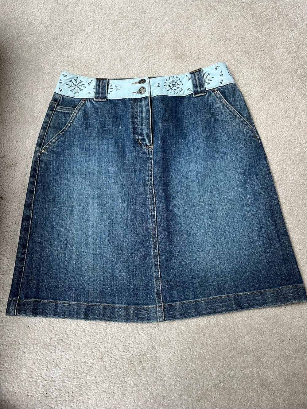 Talbots Dark Blue Denim A-Line Skirt with Light Blue Embroidered Waistband